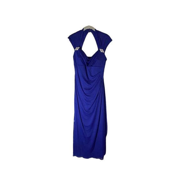Xscape women’s royal blue side rauched chiffon, overlay gown, size 6  - Picture 1 of 10